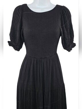 HYFVE S Black Midi Dress with Puff Sleeves Smocked Bodice 3787-CX